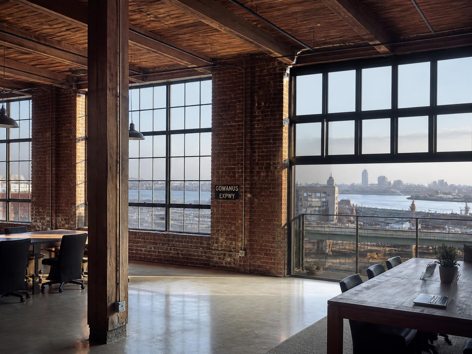 Sunset Park industrial loft interior — concrete columns and steel-sash windows