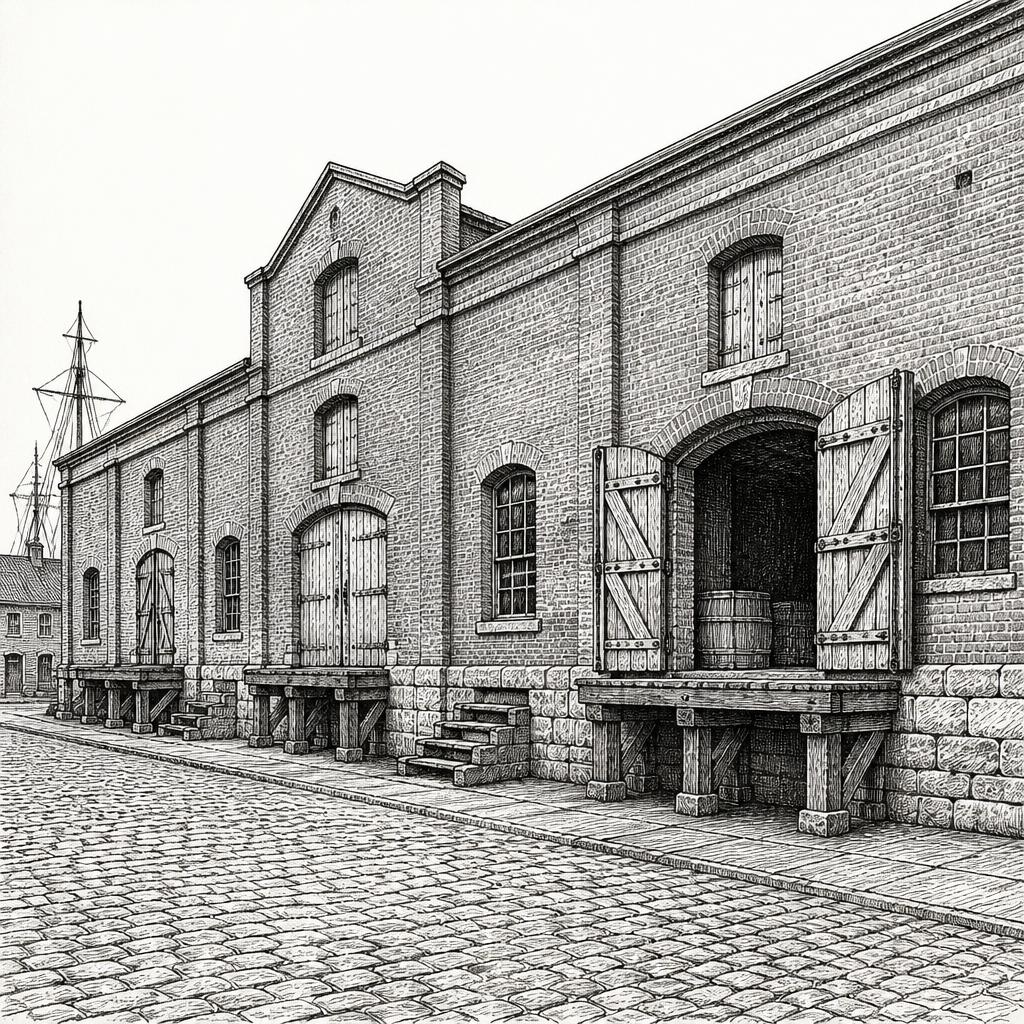 Ink sketch of a Red Hook brick warehouse building